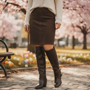 FERGIE Dark Brown Leather Knee Buckle Strap Block Heel Boots Y2K VINTAGE 2000s